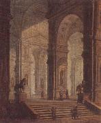 unknow artist The interior of a classical building,with soldiers guarding the entrance at the base of a set of steps oil on canvas